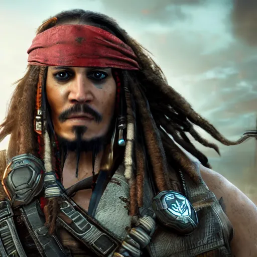 Prompt: captain jack sparrow in gears of war, gears of war, splash art, movie still, cinematic lighting, dramatic, octane render, detailed face, long lens, shallow depth of field, bokeh, anamorphic lens flare, 8 k, hyper detailed, 3 5 mm film grain