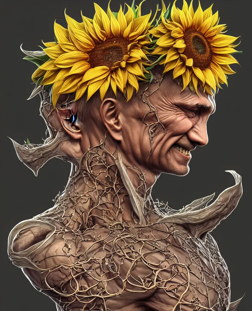 Image similar to digital art, centered full body of Putin smiling king, Sunflower crown, ,intricate, veins, by James Jean and by artgerm , by ross tran ultradetailed, charachter design, concept art, trending on artstation,