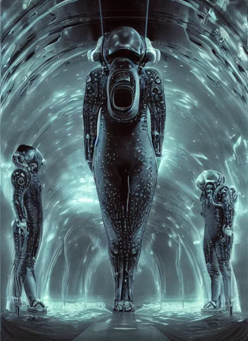 Image similar to astronauts in dark and empty void underwater - complex and hyperdetailed technical suit. reflection and dispersion materials. rays and dispersion of light. volumetric light. 5 0 mm, f / 3 2. noise film photo. flash photography. ultra realistic, wide angle. poster by wayne barlowe, hajime sorayama aaron horkey, craig mullins