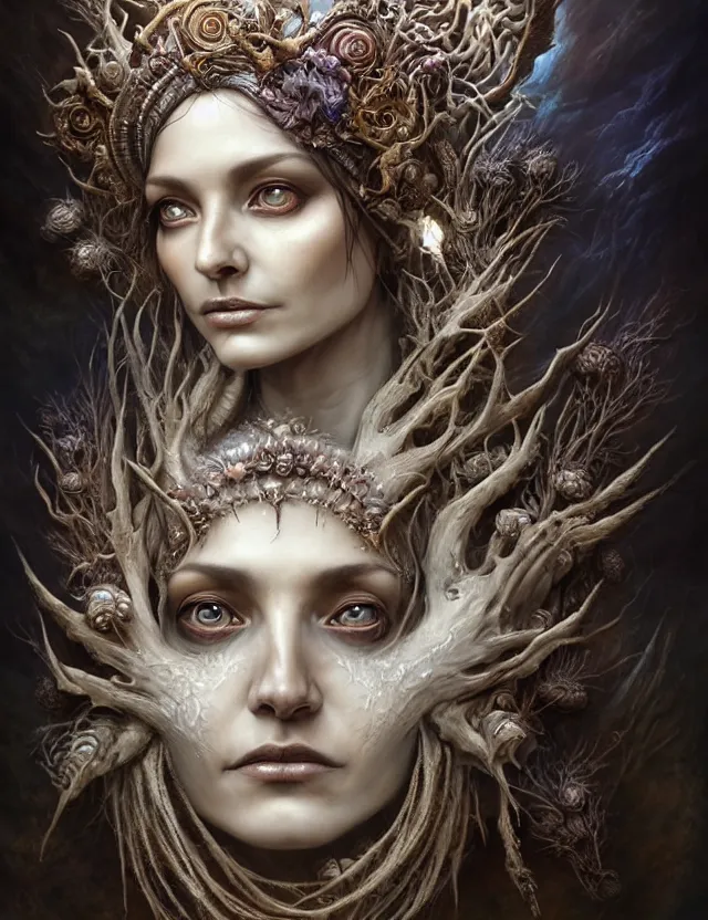 Image similar to a beautiful detailed 3d matte painting of face portrait of female Sumarian Deat Goddess, by ellen jewett, tomasz alen kopera and Justin Gerard, symmetrical features, ominous, magical realism, texture, intricate, ornate, royally decorated, skull, skeleton, whirling smoke, embers, white adornements, white torn skulls, radiant colors, fantasy, trending on artstation, volumetric lighting, micro details, 3d sculpture, ray tracing, 8k