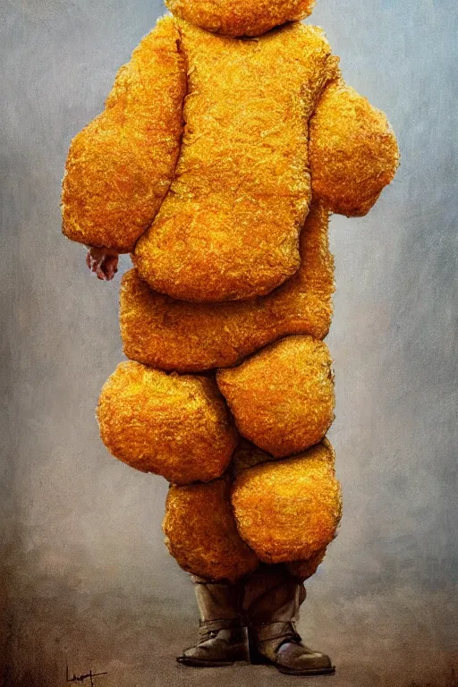 Image similar to channing tatum wearing a tater tot costume, oil on canvas, intricate, 8 k highly professionally detailed, hdr, cgsociety