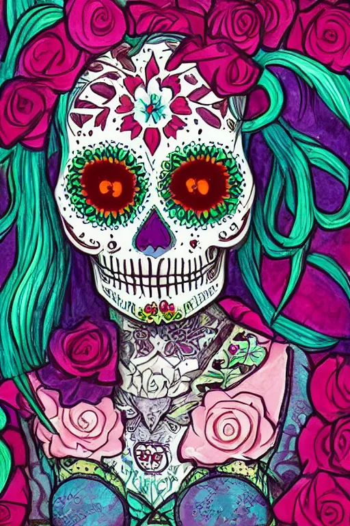 Image similar to illustration of a sugar skull day of the dead girl, art by antoni piotrowski