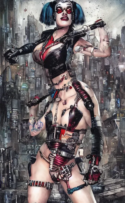 Image similar to a dream portrait of cyberpunk Harley Quinn in post apocalyptic Gotham art by Paul Dini, Travis Charest, Simon Bisley