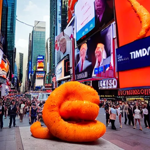 Image similar to photograph of Donald trump licking a giant Cheeto in times square