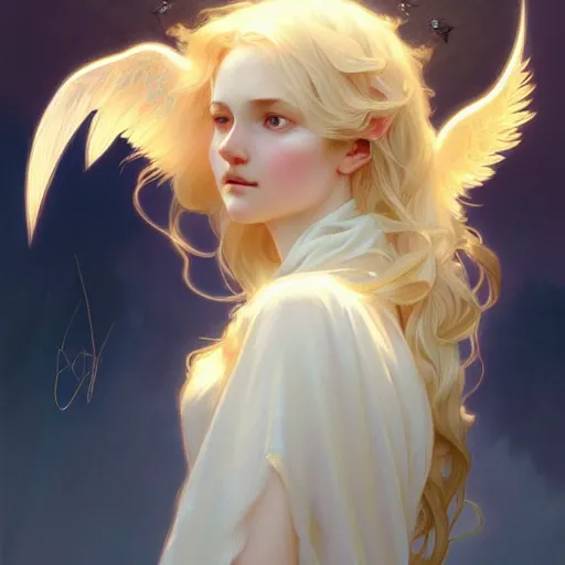 Prompt: Girl angel with elegant and delicate wings blonde hair and glowing halo, fantasy, intricate, elegant, highly detailed, digital painting, artstation, concept art, smooth, sharp focus, illustration, art by Krenz Cushart and Artem Demura and alphonse mucha