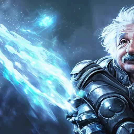 Image similar to portrait of albert einstein as a spellcaster, league of legends amazing splashscreen artwork, gears of war, splash art, natural light, elegant, photorealistic facial features, intricate, fantasy, detailed face, atmospheric lighting, anamorphic lens flare, cinematic lighting, league of legends splash art, hd wallpaper, ultra high details by greg rutkowski