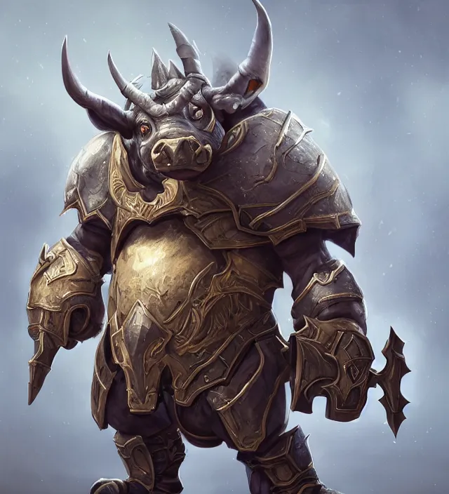 Image similar to “a well rendered anthropomorphic chibi sized rhinoceros portrait, front facing, facing the camera, world of Warcraft armor, subject in the center of the frame, rule of thirds, golden ratio, elegant, digital painting, octane 4k render, zbrush, hyperrealistic, artstation, concept art, smooth, sharp focus, illustration from World of Warcraft by Pixar and Disney and Justin Gerard”