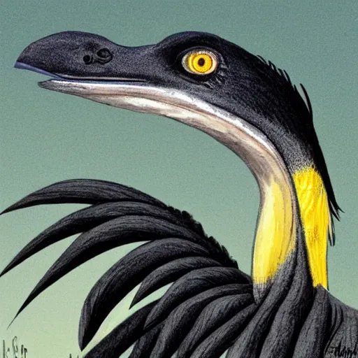 Image similar to a black feathered scientifically accurate Troodon with large yellow high detail eyes