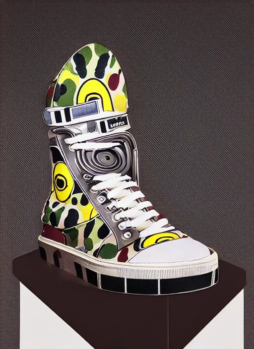 Image similar to hyperrealistic and heavy detailed product photo bape avant garde shoe of movie the fifth element, in front of white back drop, whole shoe is in picture, leica sl 2 5 0 mm, vivid color, high quality, high textured, real life