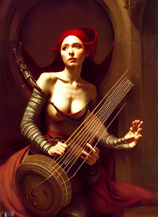 Image similar to elf bard playing lute, full body, hyper realistic, extremely detailed, dnd character art portrait, dark fantasy art, intricate fantasy painting, dramatic lighting, vivid colors, deviantart, artstation, by edgar maxence and caravaggio and michael whelan and delacroix.