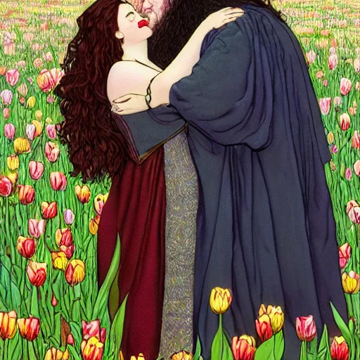 Prompt: hagrid the viking and morticia addams kiss in a field of tulips, masterpiece, highly detailed, oil on canvas, art by rebecca guay