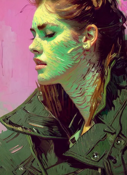 Image similar to portrait of a beautiful girl, eyes closed, open mouth, shades of green, beautiful face, rule of thirds, intricate outfit, spotlight, by greg rutkowski, by jeremy mann, by francoise nielly, by van gogh, digital painting