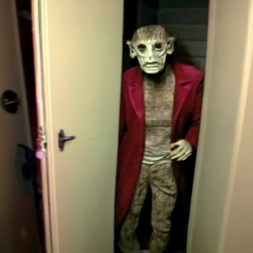 Prompt: grainy photo of doctor who as a creepy monster in a closet, harsh flash