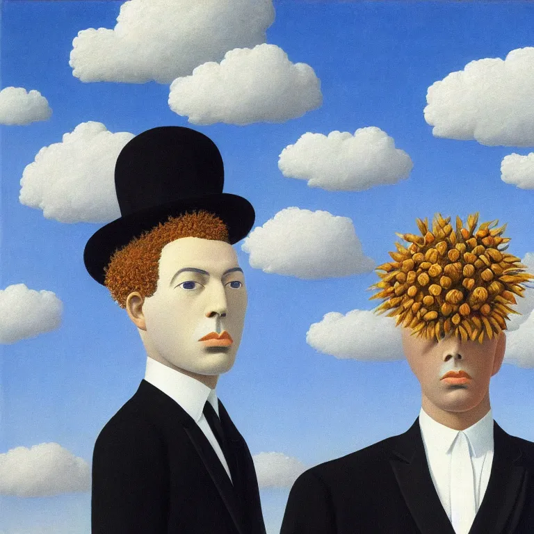 Image similar to portrait of a faceless beautiful flower - head man in a suit, clouds in the background, by rene magritte, detailed painting, distance, middle centered, hd, hq, high resolution, high detail, 4 k, 8 k