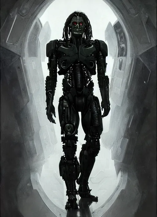 Image similar to johnny depp as victor stone, full body concept, cyborg, borg, strogg, face of a man, terminator, flesh, quake strogg, doom demon, wolfenstein, monstrous, powerful, symmetry, symmetrical, concept art by ruan jia and greg rutkowski