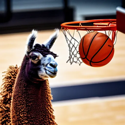 Image similar to a photo of a llama dunking a basketball, 4 k, photography, high resolution