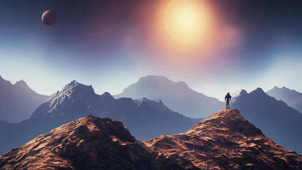 Image similar to someone standing at the peak of a mountain, clouds between the mountains, planets in the background, universe, epic, octane render, highly detailed, trending on artstation