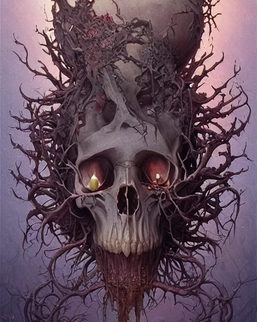 Image similar to a beautiful detailed front view of a dead rotten skull with ornate growing around, ornamentation, sculpture, elegant, beautifully soft lit, by wayne barlowe, peter mohrbacher, kelly mckernan