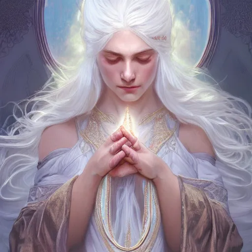 Prompt: god, white hair, long hair, hands spread out in prayer, intricate, elegant, ethereal, highly detailed, digital painting, artstation, concept art, smooth, sharp focus, illustration, art by artgerm and greg rutkowski and alphonse mucha