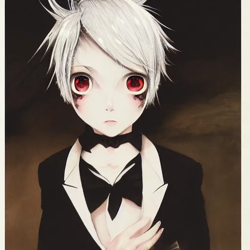 Image similar to Yoshitaka Amano realistic illustration of an anime girl with short white hair and black eyes wearing tuxedo, abstract black and white background, film grain effect, highly detailed, Renaissance oil painting