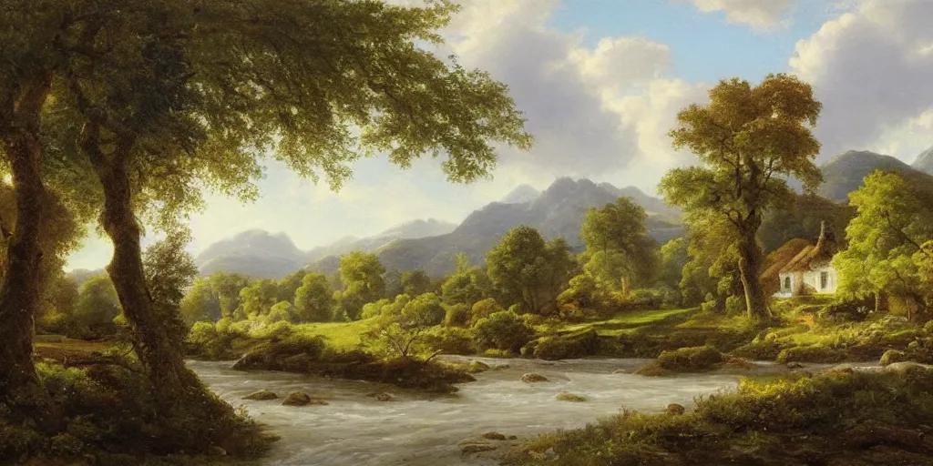 Image similar to a beautiful landscape painting of a cottage by a river in a valley, by john glover, oil on canvas, highly detailed, hd, 4 k