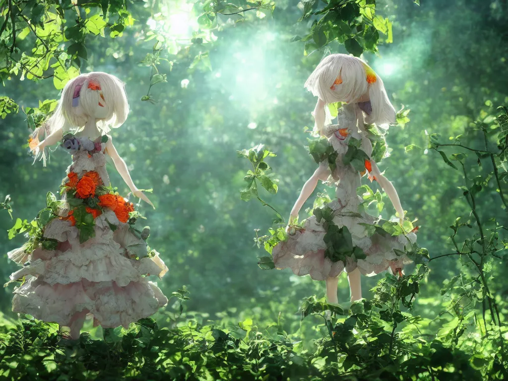 Image similar to cute fumo plush girl among vines in the middle of a lush rose garden, glowing ethereal gothic wraith plantgirl, tattered green dress, smoke and orange volumetric fog, blue sky sunshine lens flare, bokeh, vray