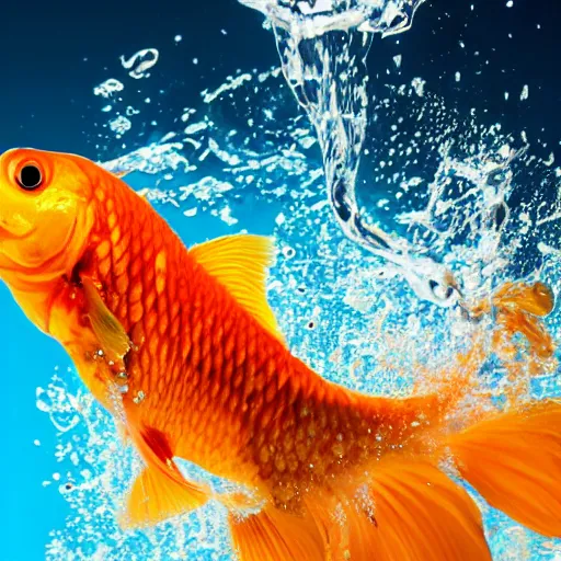 Image similar to stock photo of goldfish jumping out of the water bowl to freedom out blue background