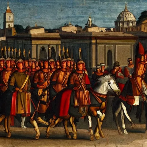 Prompt: 13th century painting of Ottoman soldiers marching into the Vatican City, Saint Peter Basilica visible in the background, renaissance painting by Raphael