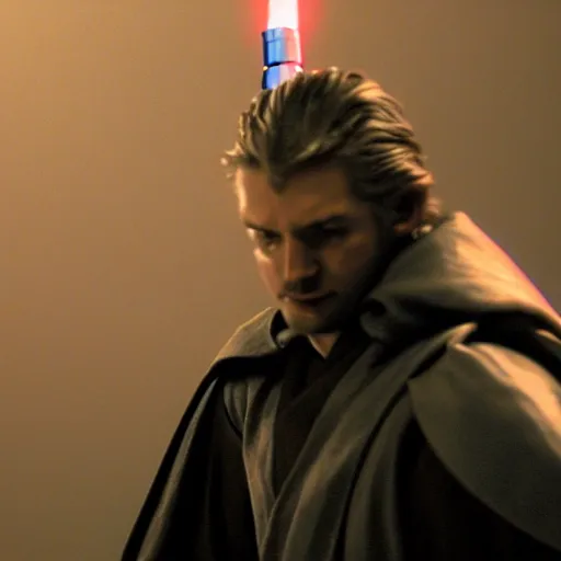 Prompt: Guy Fier in Star Wars Revenge of the Sith, Jedi Knight, blue light saber, cinematic lighting, cinematic, 55mm lens
