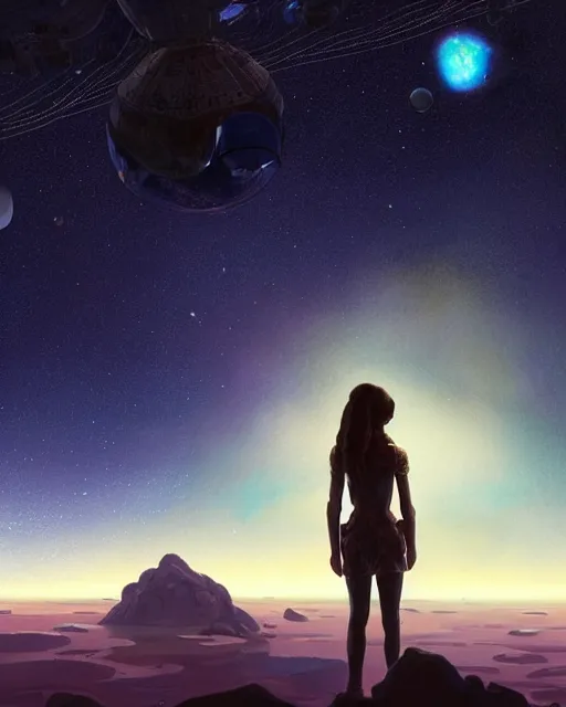 Prompt: zendaya standing infront of a huge window looking at earth on a space station in orbit around earth, lit village in the distance, stars milky way sky, deep focus, D&D, fantasy, intricate, elegant, highly detailed, digital painting, artstation, concept art, matte, sharp focus, illustration, hearthstone, art by Artgerm and Greg Rutkowski and Alphonse Mucha