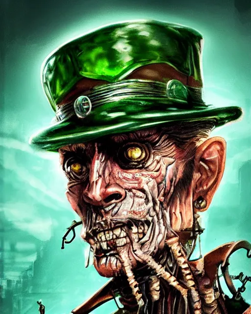 Prompt: an intimate portrait of a gnarly human cyberpunk captain, old skin, faded hat, crooked teeth, green eyes, a look of menace, detailed matte fantasy painting