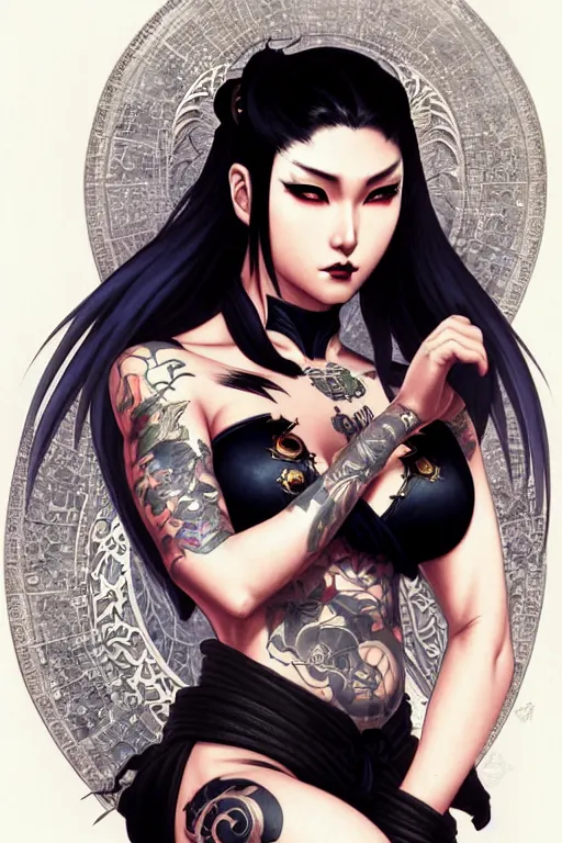 Image similar to portrait of goth Chun Li with yakuza tattoos, Street fighter, intricate, elegant, highly detailed, digital painting, artstation, concept art, smooth, sharp focus, illustration, art by artgerm and greg rutkowski and alphonse mucha