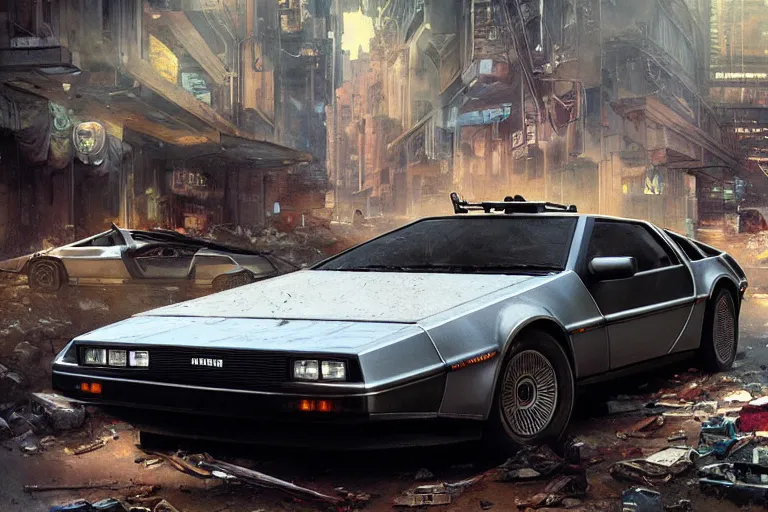 Image similar to photograph of the delorean driving down the streets of a cyberpunk abandoned city, by greg rutkowski, by stanley artgerm, by alphonse mucha