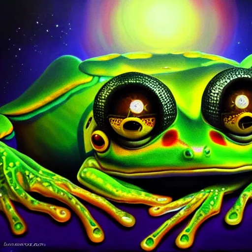 Image similar to the cyborg frog in the astral realm sacred journey in oil painting, trending on artstation, award winning, emotional, highly detailed surrealist art