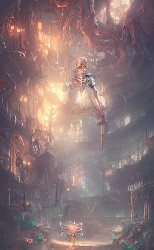 Image similar to a beautiful illustration of a skeleton nectomancer, scenic full shot, ambient lighting, by artgerm, makoto shinkai, wlop, rossdraws, featured on artstation, vertical orientation