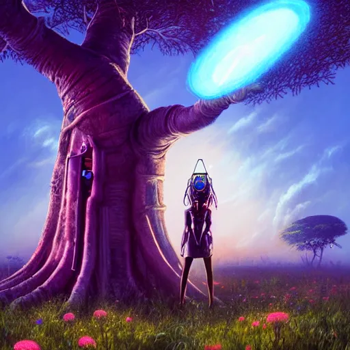 Prompt: an african cyberpunk hacker girl with her headset plugged into a giant glowing baobab tree in the middle of a field of flowers at sunset, by greg rutkowski and android jones in a surreal cyberpunk! style, oil on canvas, 8k hd, synthwave colors!!