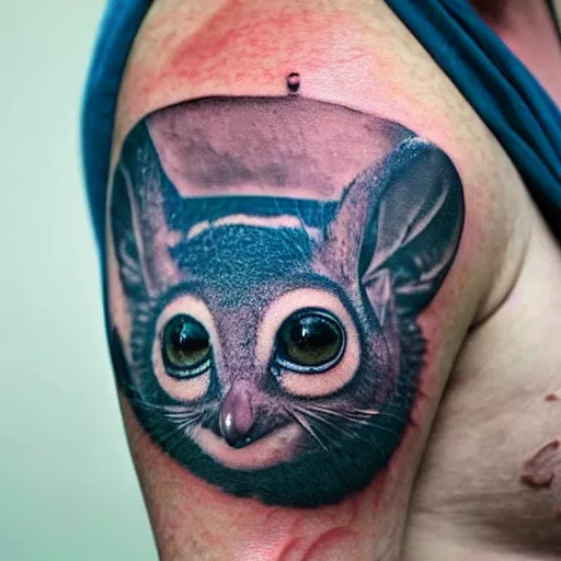 Prompt: shoulder tattoo of a bushbaby in multicolored