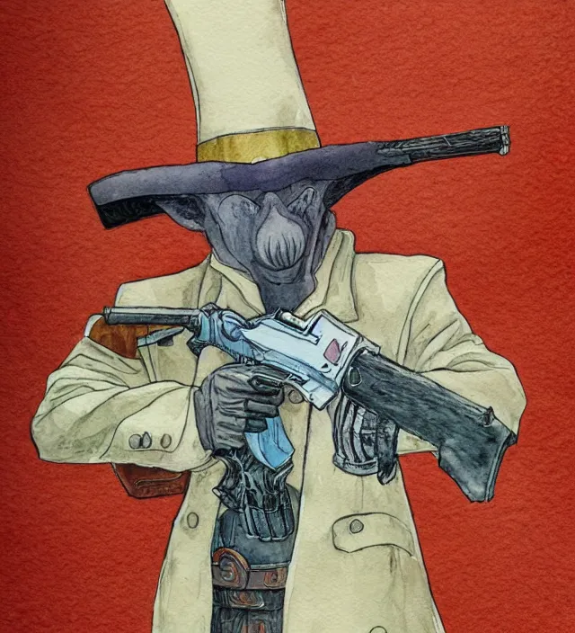 Image similar to a 3 / 4 view watercolor ink painting of an anthropomorphic bunny gunslinger posing with their revolver - rifle in the style of jean giraud in the style of moebius trending on artstation deviantart pinterest detailed realistic hd 8 k high resolution