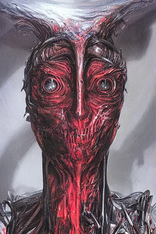 Prompt: 12 feet tall humanoid with chromatic liquid blades that whisper in the dark, wafts of used engine oil, soft vibrations in the air, two laser red eyes staring at the viewer, hyperrealistic concept art painting by howard lyon and giger