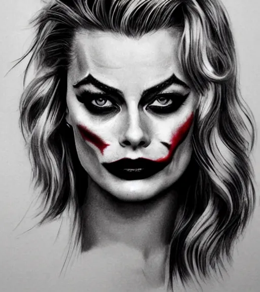 Image similar to tattoo design sketch of beautiful margot robbie portrait with joker makeup, in the style of den yakovlev, realistic face, black and white, realism tattoo, hyper realistic, highly detailed