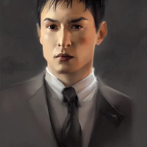 Image similar to Portrait of a man by Greg Rutkowski, he is about 30 years old, mixture between russian and chinese, short black hair, attractive, smart looking, he is wearing a black futuristic lawyer outfit, highly detailed portrait, scifi, digital painting, artstation, concept art, smooth, sharp foccus ilustration, Artstation HQ