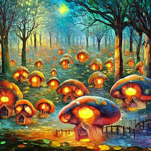 Image similar to forest village with mushroom houses, glowing fungi, art by james christensen, rob gonsalves, paul lehr, leonid afremov and tim white