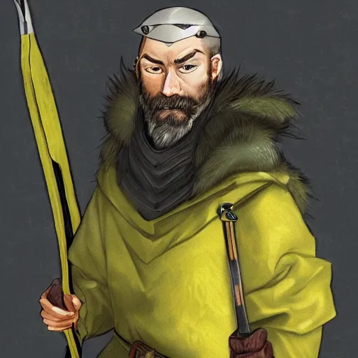 Prompt: a medieval hunter man with japanese ethnicity and stubble, chartreuse color scheme, fantasy character portrait by sasha beliaev