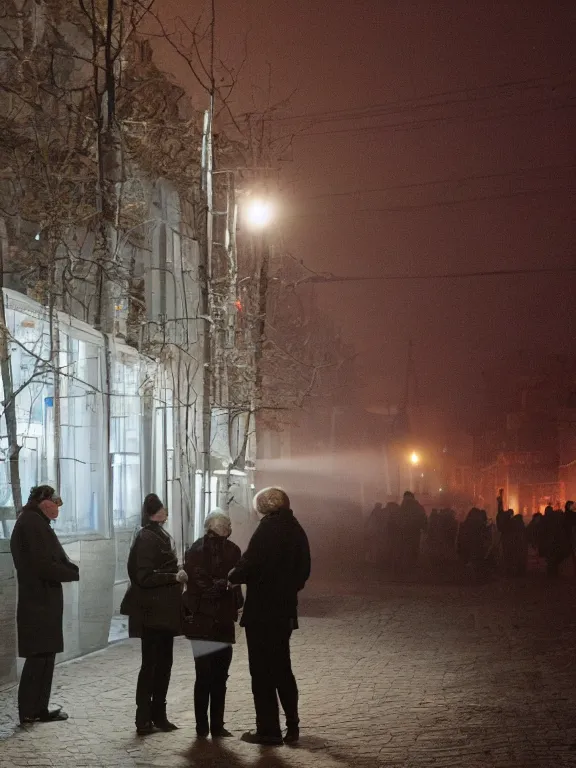 Image similar to film still of russian suburbs, lights are on in the windows, deep night, post - soviet courtyard, cozy atmosphere, light fog, street lamps with orange light, several birches nearby, several elderly people stand at the entrance to the building