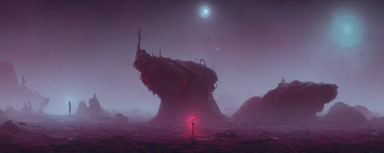 Image similar to ” outer planet with thick fog and alien artefacts, [ cinematic, detailed, epic, widescreen, opening, establishing, mattepainting, photorealistic, realistic textures, octane render, art by paul lehr ] ”