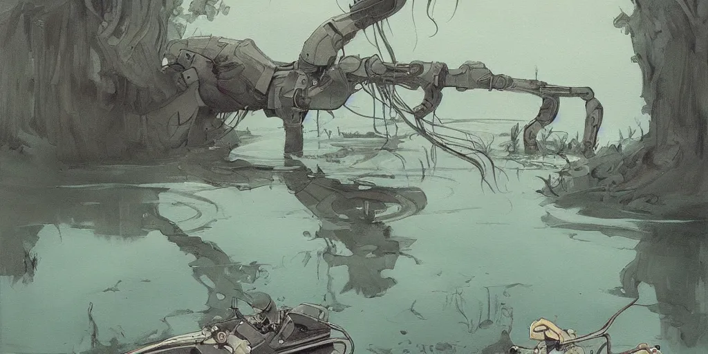 Image similar to a beautiful painting of a robot pond by abigail larson, trending on artstation