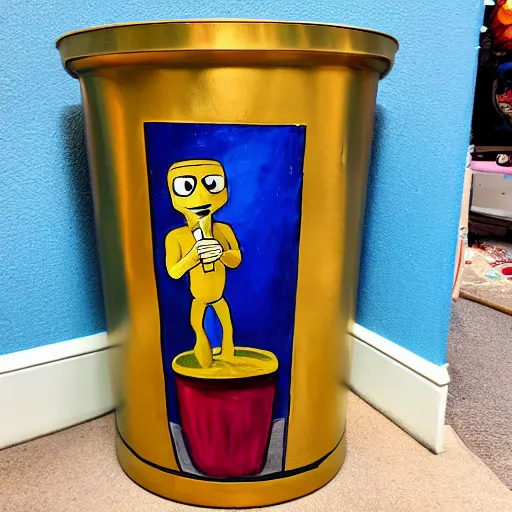 Image similar to oscar the grounch gets a gold plated garbage can, fresco painting