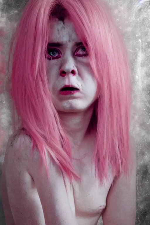 Image similar to horror girl pink hair tears from the eyes, alone in the room