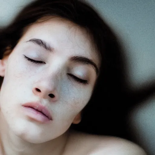 Image similar to photorealistic portrait of a beautiful young woman, very blurry, out of focus, translucent stone white skin, closed eyes, foggy, closeup