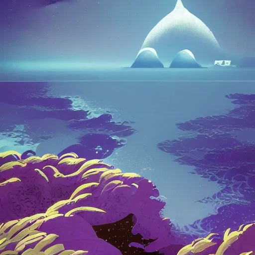 Prompt: sea under starry sky with reefs, light purple tones, animated film, stylised, illustration,, fantasy art, 2 d game art, by eyvind earle, scott wills, genndy tartakovski, roman shipunov, etienne hebinger, atey ghailan, cgsociety, cynical realism